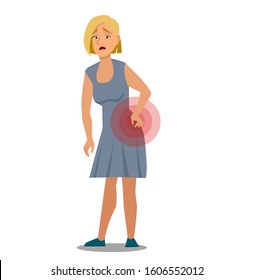 Young woman with backache. Isolated vector illustration in cartoon style.