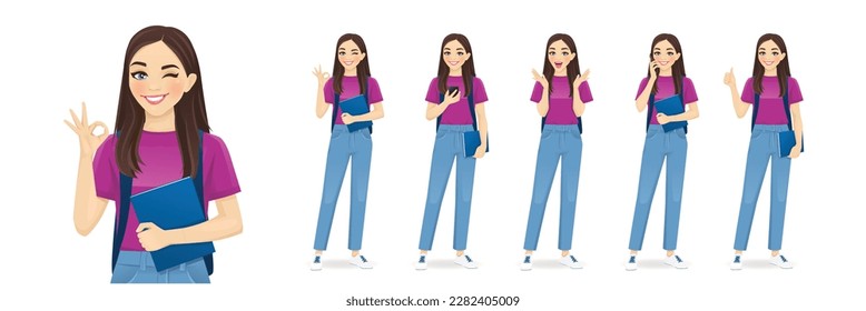 Young woman with backpack and book in different poses. Student isolated vector illustration set.