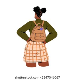 Joven con mochila, parpadeo, peinado de moda y falda, vista trasera. Gente con bolso de libro de colegio. Estudiante urbano caminando en estilo casual. Ilustración vectorial aislada plana sobre fondo blanco