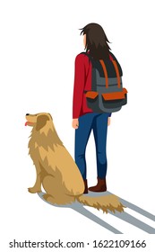 Young woman with backpack holding dog on leash standing isolated on white. Back view. Teenager girl and domestic animal on walk. Puppy owner. Human best friends. Cartoon flat vector illustration