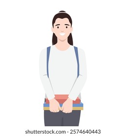 Young woman with a backpack holds a stack of books, cheerful student ready for school or study. Flat vector illustration isolated on white background