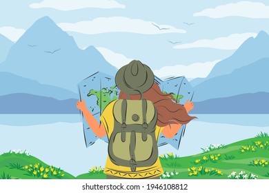 Young woman with backpack and map world in her hands ready for traveling . Female tourist in hiking clothes. Travel concept, hiking tour, vacation, activity holiday. Flat vector illustration