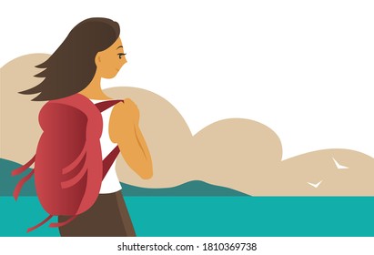 Young woman with a backpack on the background of the seascape. Travel and tourism. Vector illustration with place for text
