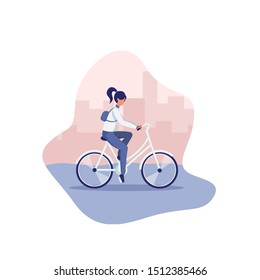 Young woman with backpack riding bike. Female athlete, sport exercise. Cartoon character on bicycle, biking  in the city, park. Vector illustration for landing page, banner, advertisement