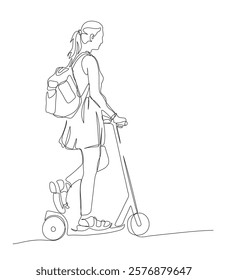 Young woman with backpack riding push scooter. Continuous line drawing. Black and white vector illustration in line art style.