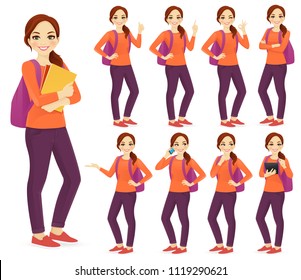 Young woman with backpack set different gestures isolated