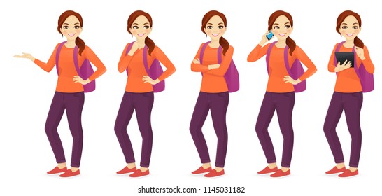 Young woman with backpack set different gestures isolated