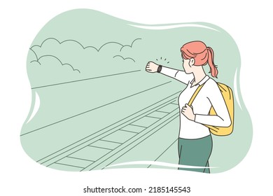 Young woman with backpack standing on platform checking time for late train. Female traveler experience public transport delay at railway station. Vector illustration. 