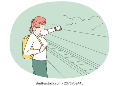 Young woman with backpack standing on platform checking time for late train. Female traveler experience public transport delay at railway station. Vector illustration. 