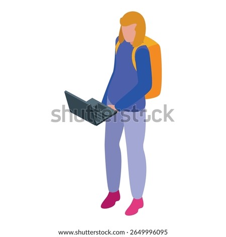 Young woman with a backpack is using a laptop, potentially a student or a digital nomad