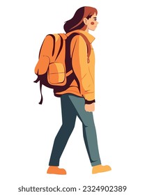 Young woman with backpack, walking icon isolated