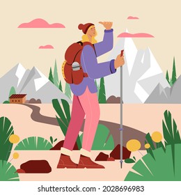 Young woman with backpack, wearing hiking boots looking forward. Background with mountains and forest. Vector illustration about outdoor activity, trekking, hiking, climbing