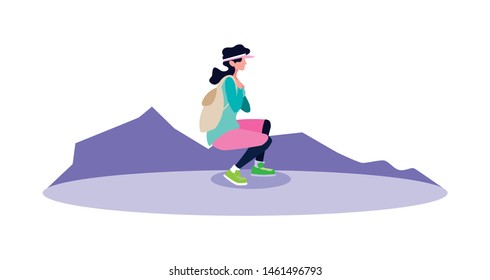 young woman backpacker in mountain landscape