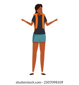 Young woman backpacker standing is gesturing with hands searching for direction