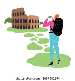 Young woman backpacker travelling around world with camera vector illustration