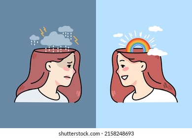 Young woman with bad mood and good mood. Unhappy and happy girl emotions. Concept of human emotional state and mindset. Flat vector illustration. 