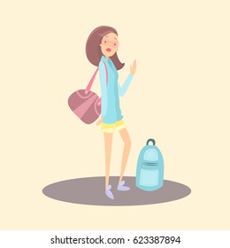 Young woman with bag and backpack, ready for traveling.Cartoon character of female adult or student girl.