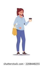 Young woman with bag in casual style drinks coffee. Young female stand and hold in hand coffee mug. Flat trendy vector illustration.