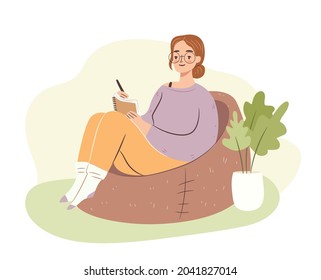 Young woman in bag chair studying. Student girl writing in notebook, journaling. Hygge home atmosphere. Flat vector illustration