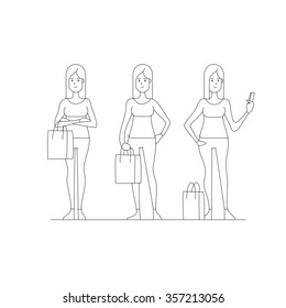 Young woman with a bag. Character set. Vector illustration.