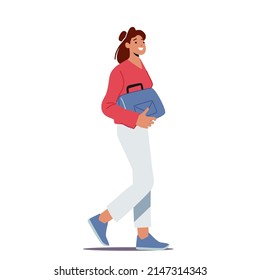 Mujer joven con mordaza en mano, paseante de personaje femenino, caminata peatonal por la calle. Paseo estudiantil, adolescente, empresaria aislada de fondo blanco. Ilustración de vectores de personas de caricatura