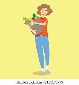 young woman with bag from the market with some fruits. Isolated over yellow background. Cartoon illustration 