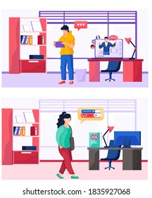 Young woman with a bag is walking in a room with computer table, bookcase. Flat vector illustration character indoors goes to a foreign language lesson. A girl is engaged in household at home