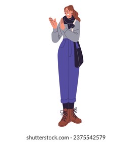 Young woman with bag wearing warm autumn outfit. Girl standing, smiling, clap her hand, support with applause. People applauding, congratulate with success. Flat isolated vector illustration on white