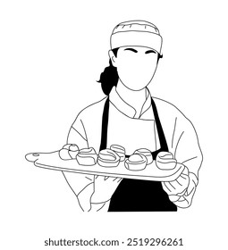 Young woman baker in uniform and apron drawing