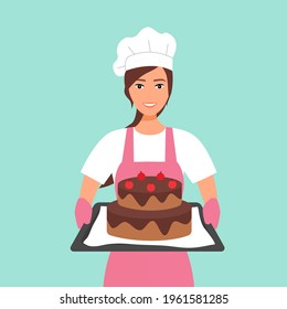 Young Woman Baking Chocolate Cake Vector Illustration. Pastry Chef Preparing Cherry Cake For Bakery Shop. Housewife Holding Tray Of Cake In Flat Design.