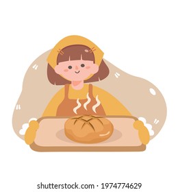 Young Woman Baking Fresh Sourdough Bread.cute Girl Serving Homemade Bakery.delicious Bread.Stay Home Activity. Flat Vector Illustration On Cooking Food At Home.