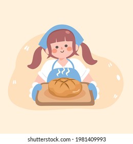 Young woman baking fresh sourdough bread.cute girl serving homemade bakery.delicious bread.Stay home activity. Flat Vector illustration on cooking food at home.