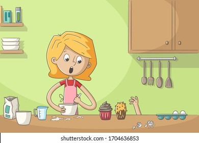 Young woman baking and someone wants to steal a cake. Vector illustration with separate layers.