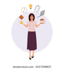 Young woman balancing her tasks at work and home. Personal assistant or hard working secretary
