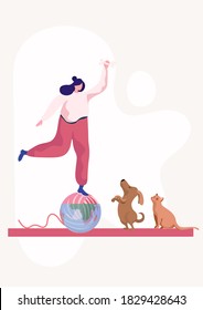 Young woman is balancing on a ball, training her domestic animals cat and dog with bone in hand. Happy female cartoon character playing with her pets. Owner with her cheerful doggy and kitty