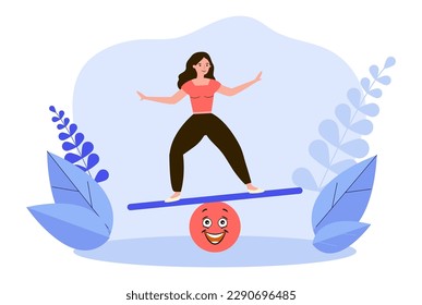 Young woman balancing on plank vector illustration. Team leader controlling emotions and finding balance. Managing emotions, emotional intelligence, leadership, success concept