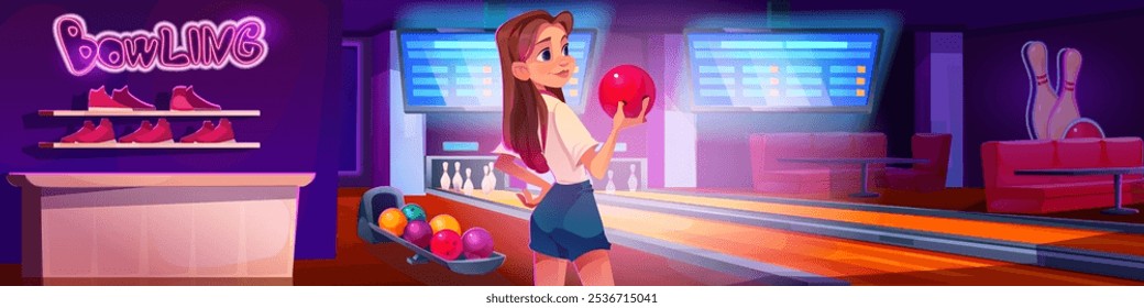 Young woman with ball in hands standing in bowling club hall with pins on alleys, spheres in return mechanism, scoreboard on screens, player shoes on shelf behind counter and tables for leisure.