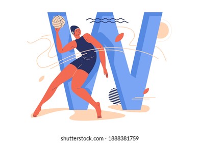 Young woman with ball training during water polo game and large capital letter W decorated with geometric shapes and leaves