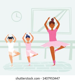 Young woman ballerina teacher shows pas positions to her little dancer girls pupils - position number 5 - in ballet studio class. Kids activity concept, design for banners.