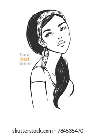 Young woman with a bandage on her head. Vector illustration