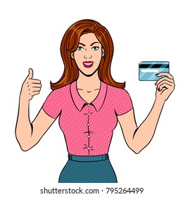 Young woman with bank card pop art retro vector illustration. Isolated image on white background. Comic book style imitation.