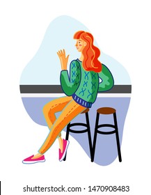 Young woman in bar flat vector illustration. Smiling redhead lady sitting in chair cartoon character. Coffee house, cafe customer making order. Night club recreation, leisure design element
