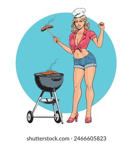 
Mujer joven barbacoas en la parrilla al aire libre que prepara la comida callejera para la fiesta de picnic. Sonriente pin up chica fritas salchichas de barbacoa o carne en carbones calientes, Ilustración vectorial de estilo vintage