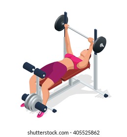 Young woman with barbell flexing muscles in gym.  Flat 3d isometric vector illustration.