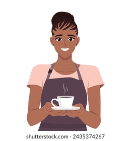 Young woman barista working at cafeteria standing and holding coffee for clients. Flat vector illustration isolated on white background