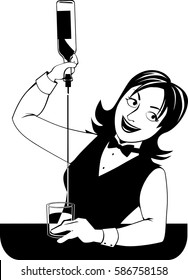 Young woman bartending, pouring a drink, EPS 8 vector line illustration, no white objects, black only