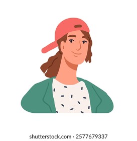 Young woman in baseball cap, head portrait. Modern style female character, face avatar. Happy smiling cool girl in hat, stylish casual look. Flat vector illustration isolated on white background