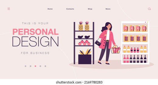Young woman with basket buying food in supermarket. Customer choosing fruits, vegetables, meat on shelves. Daily routine and everyday activity concept. Colorful vector flat illustration.