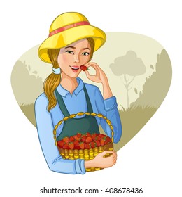 Young woman with basket full of strawberries tastes a berry, vector image, eps10