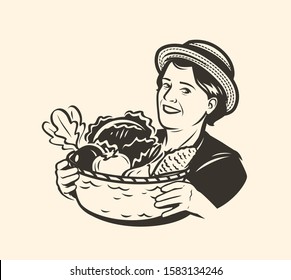 Young woman or with a basket of vegetables. Vintage sketch vector illustration